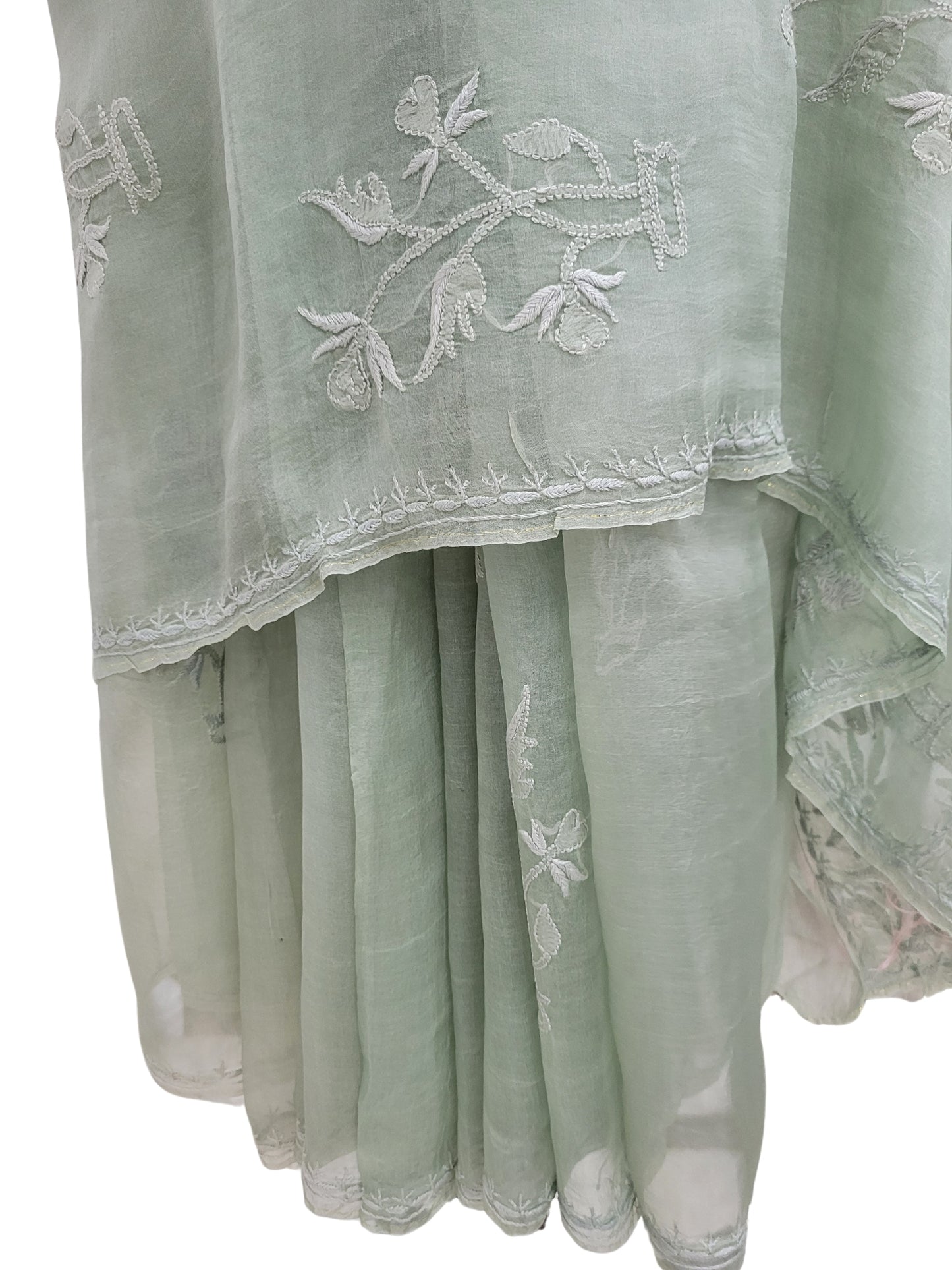 Shyamal Chikan Hand Embroidered Green Pure Organza Lucknowi Chikankari Saree With Blouse Piece - S22312