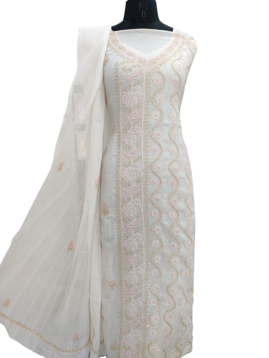 Shyamal Chikan Hand Embroidered White Mul Chanderi Lucknowi Chikankari Unstitched Angrakha Style Suit Piece ( Kurta-Dupatta Set ) - S20970
