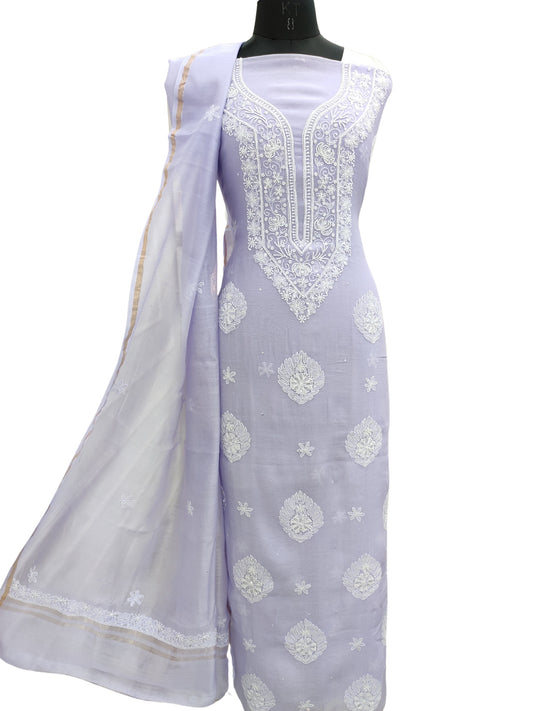 Shyamal Chikan Hand Embroidered Purple Mul Chanderi Lucknowi Chikankari Unstitched Suit Piece with Pearl & Sequin Work (Kurta Dupatta Set)S22289