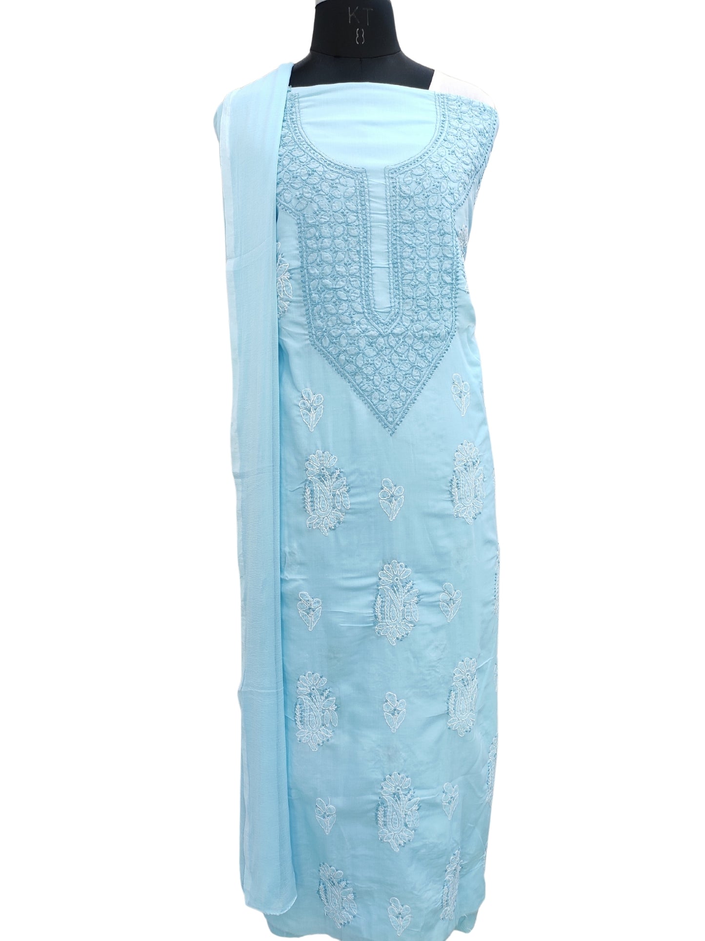 Shyamal Chikan Hand Embroidered Blue Cotton Lucknowi Chikankari Unstitched Suit Piece 24156