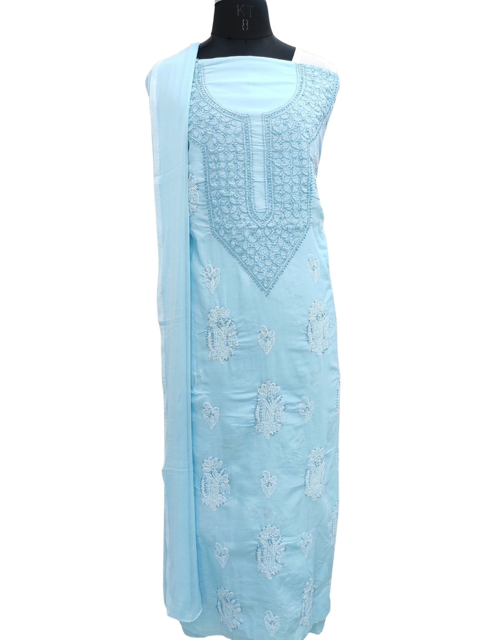 Shyamal Chikan Hand Embroidered Blue Cotton Lucknowi Chikankari Unstitched Suit Piece 24156