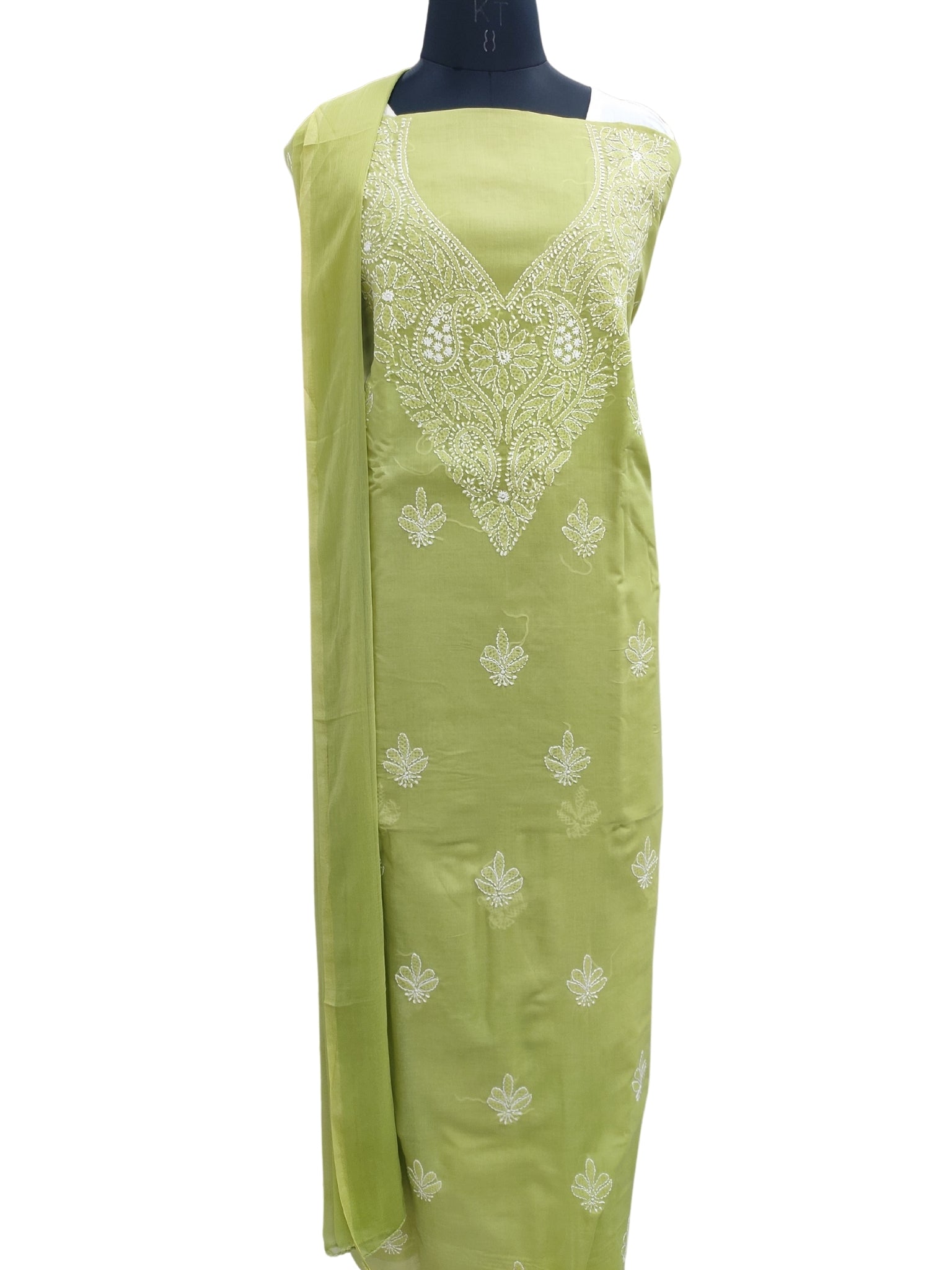 Shyamal Chikan Hand Embroidered Green Cotton Lucknowi Chikankari Unstitched Suit Piece - S24752