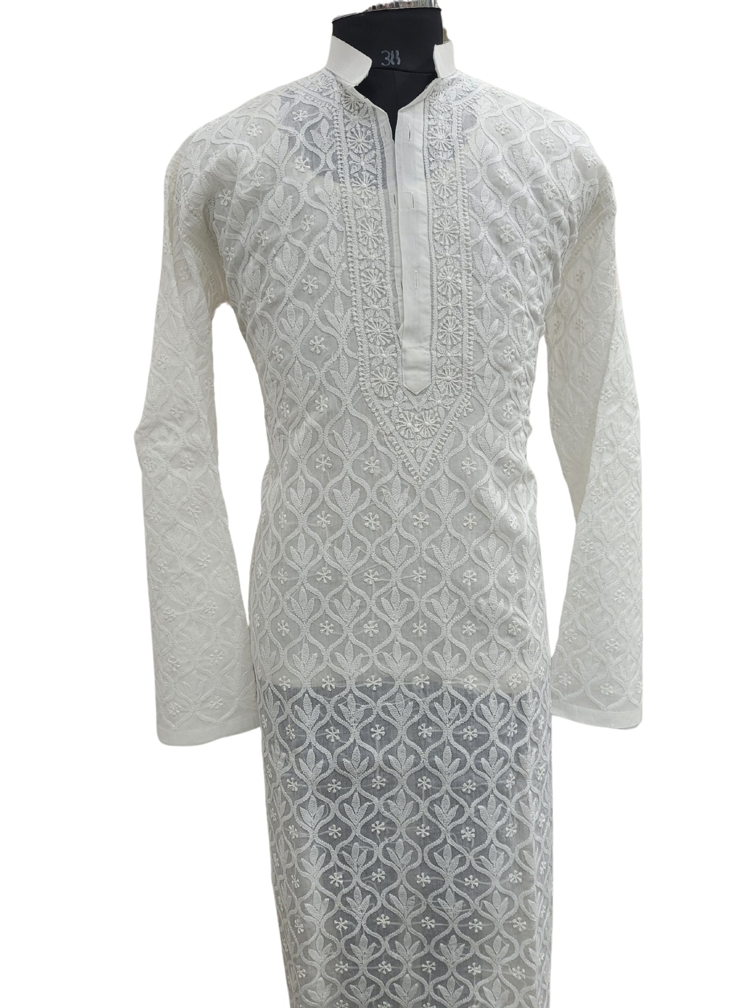 Shyamal Chikan Hand Embroidered White Cotton Lucknowi All-Over Chikankari Men's Kurta with Daraz Work – S25162