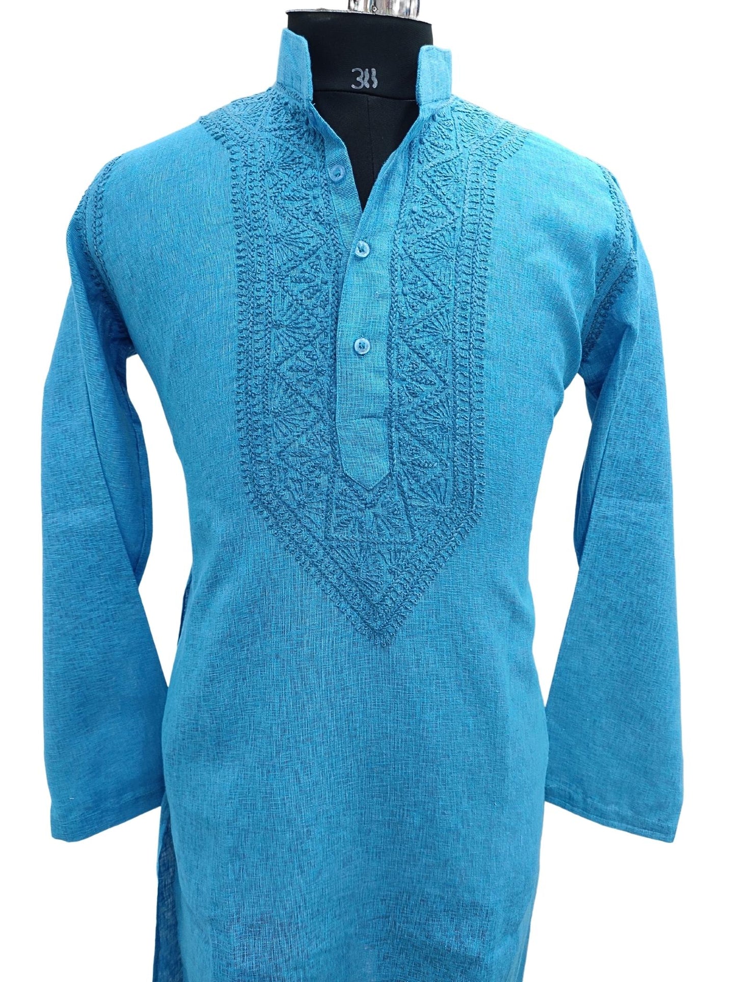 Shyamal Chikan Hand Embroidered Blue Cotton Lucknowi Chikankari Men's Kurta – S17703