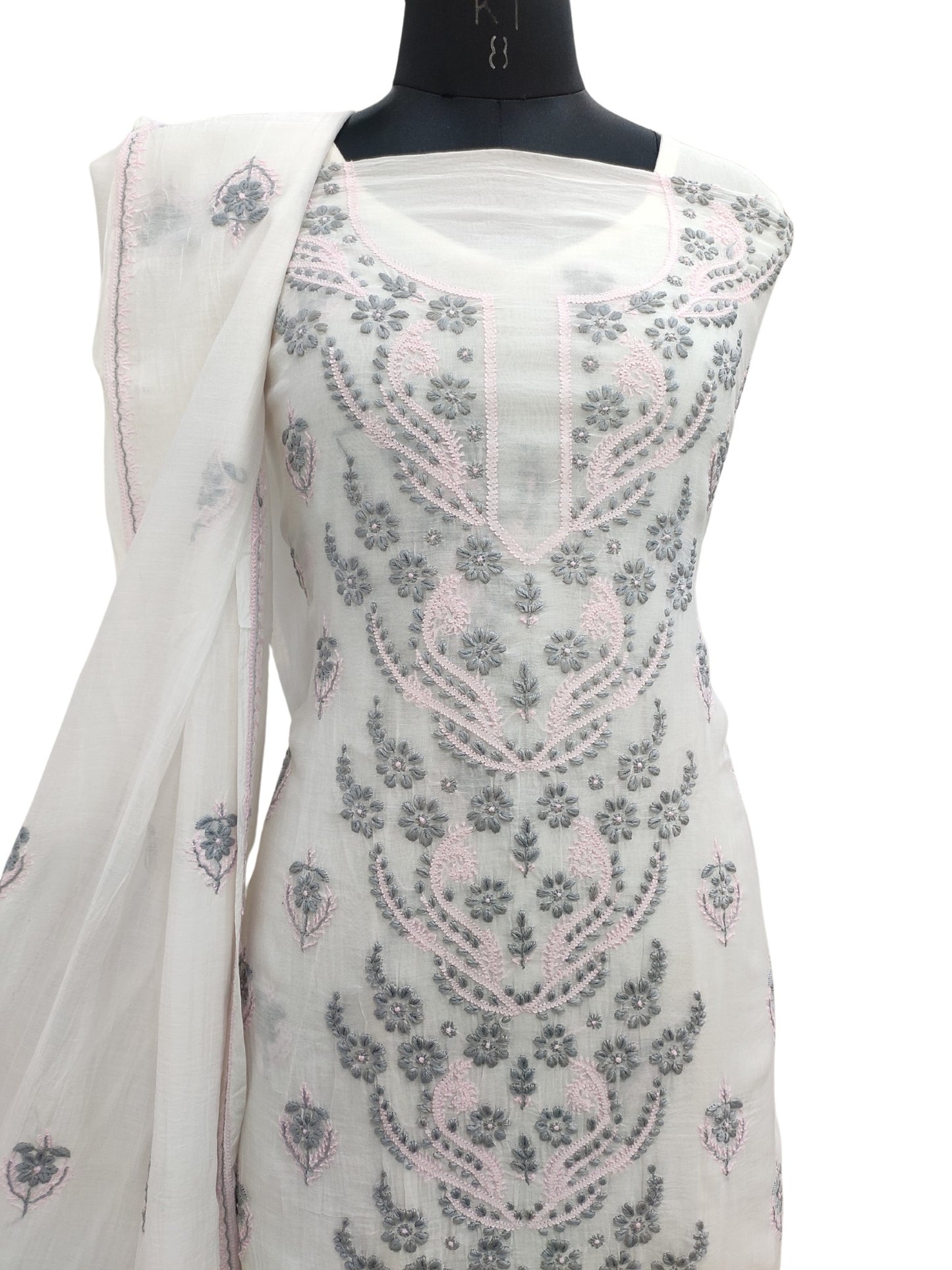 Shyamal Chikan Hand Embroidered White Mul Chanderi Lucknowi Chikankari Unstitched Suit Piece (Kurta Dupatta Set) - S22324
