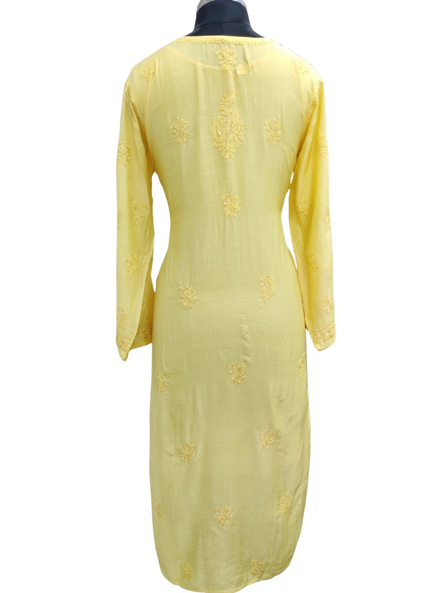 Shyamal Chikan Hand Embroidered Yellow Muslin Lucknowi Chikankari Kurti - S24233