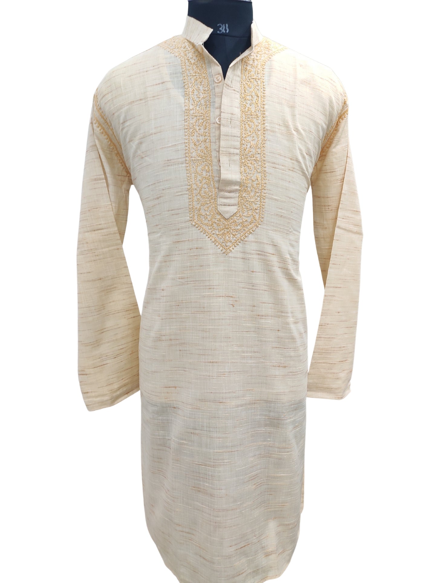 Shyamal Chikan Hand Embroidered Biege Cotton Lucknowi Chikankari Men's Kurta– S20522
