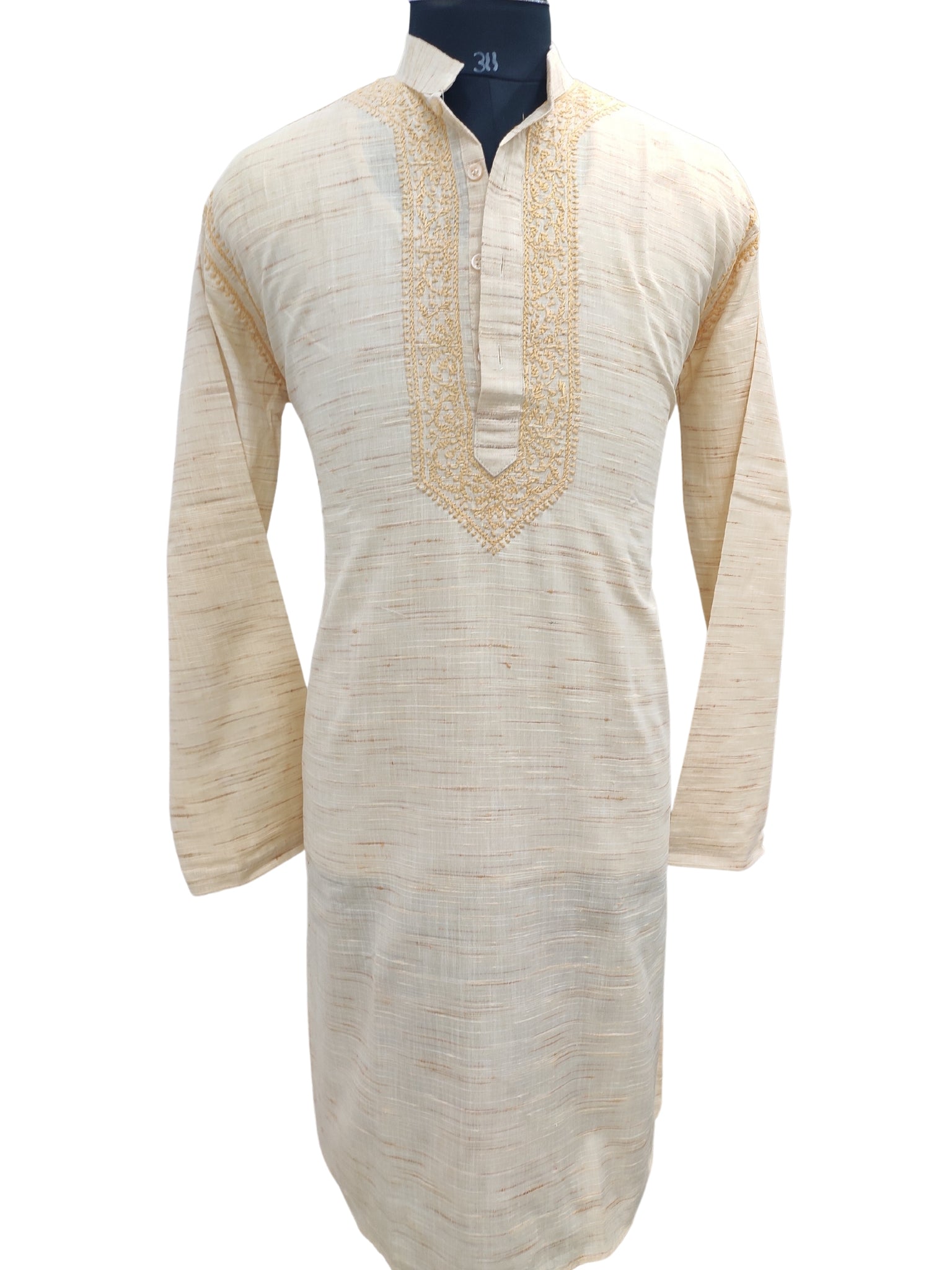 Shyamal Chikan Hand Embroidered Biege Cotton Lucknowi Chikankari Men's Kurta– S20522