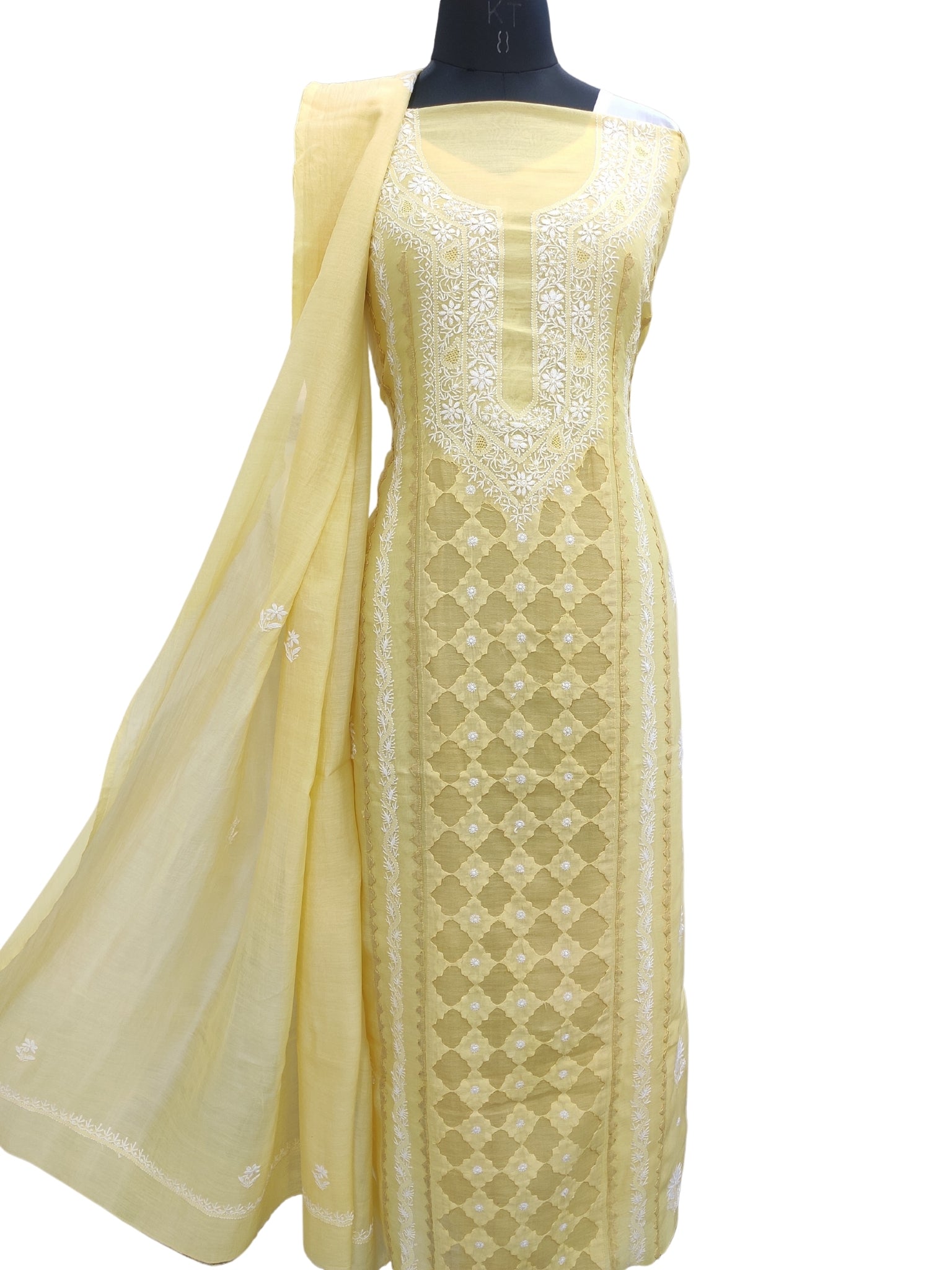 Shyamal Chikan Hand Embroidered Yellow Mul Chanderi Lucknowi Chikankari Unstitched Suit Piece With Daraz Work (Kurta Dupatta Set) - S23980