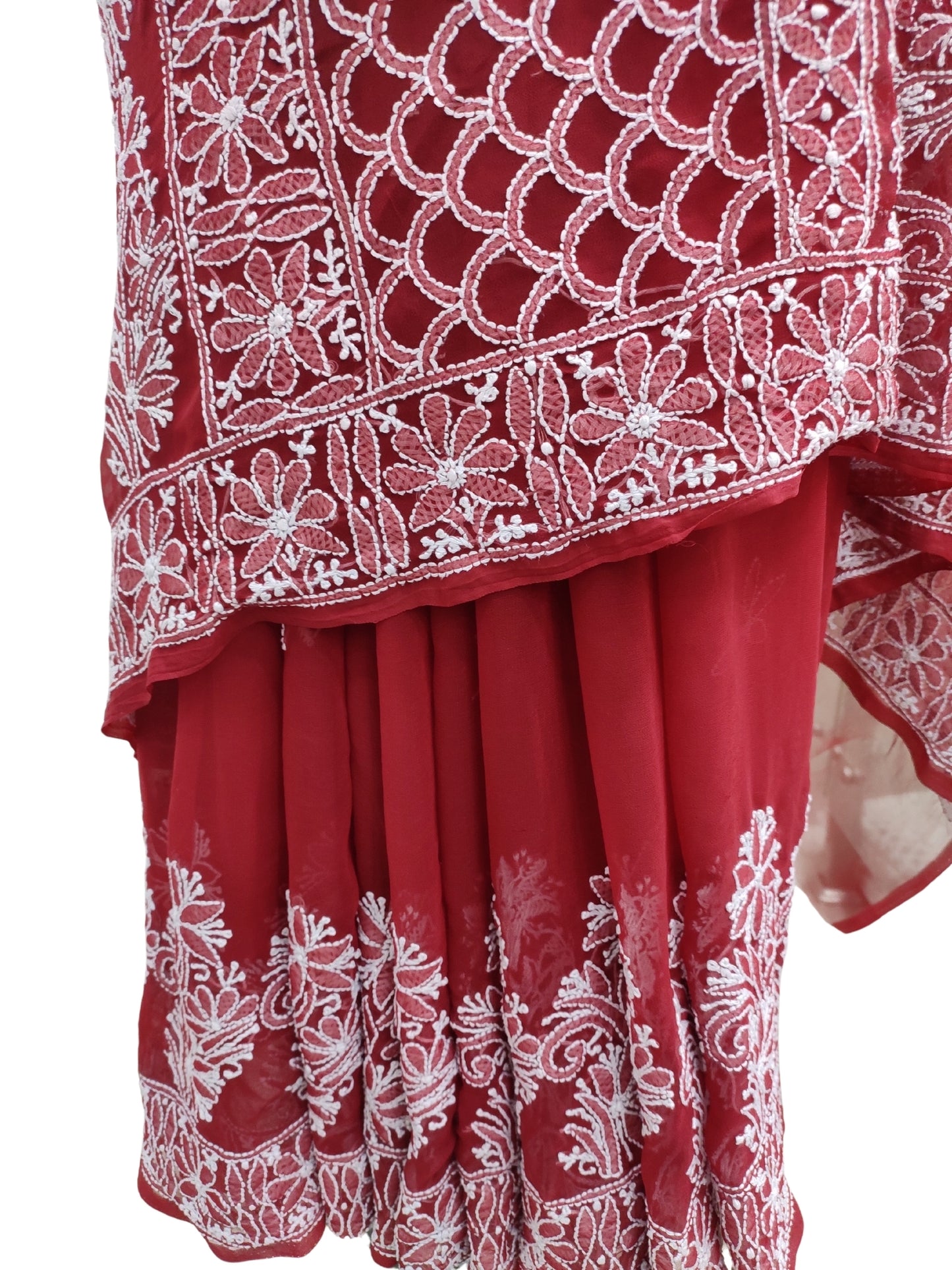 Shyamal Chikan Hand Embroidered Maroon Georgette Lucknowi Chikankari Skirt Saree With Blouse Piece - S25243