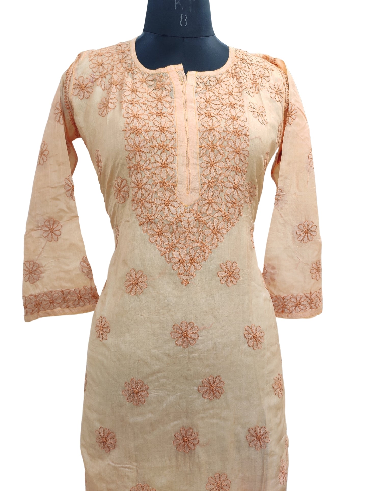 Shyamal Chikan Hand Embroidered Orange Pure Tusser Silk Lucknowi Chikankari Kurti- S24399