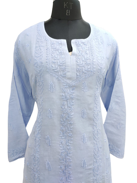 Shyamal Chikan Hand Embroidered Blue Lenin Lucknowi Chikankari Short Top - S25466