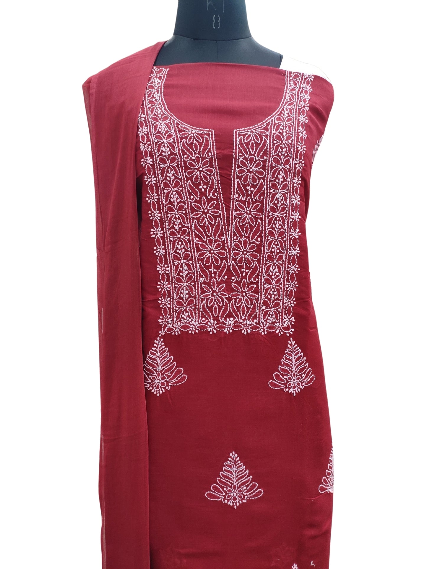 Shyamal Chikan Hand Embroidered Maroon Cotton Lucknowi Chikankari Unstitched Suit Piece - S24757