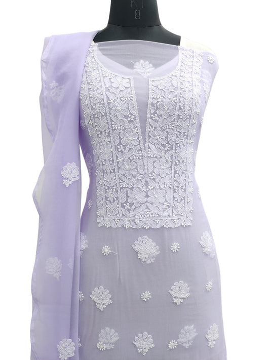 Shyamal Chikan Hand Embroidered Lavender Georgette Lucknowi Chikankari Unstitched Suit Piece - S24012