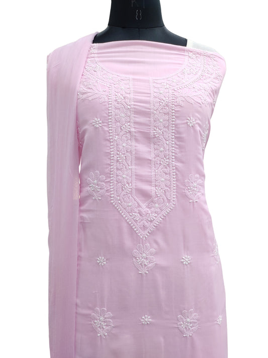 Shyamal Chikan Hand Embroidered Pink Cotton Lucknowi Chikankari Unstitched Suit Piece - S25283