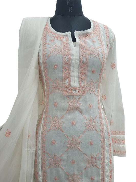 Shyamal Chikan Hand Embroidered White American Cotton Lucknowi Chikankari semi stitched Suit Piece (Kurta Dupatta Set) - S25104