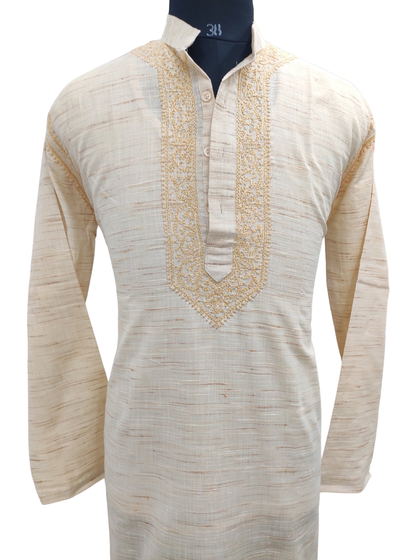 Shyamal Chikan Hand Embroidered Yellow Cotton Lucknowi Chikankari Men's Kurta– S20522