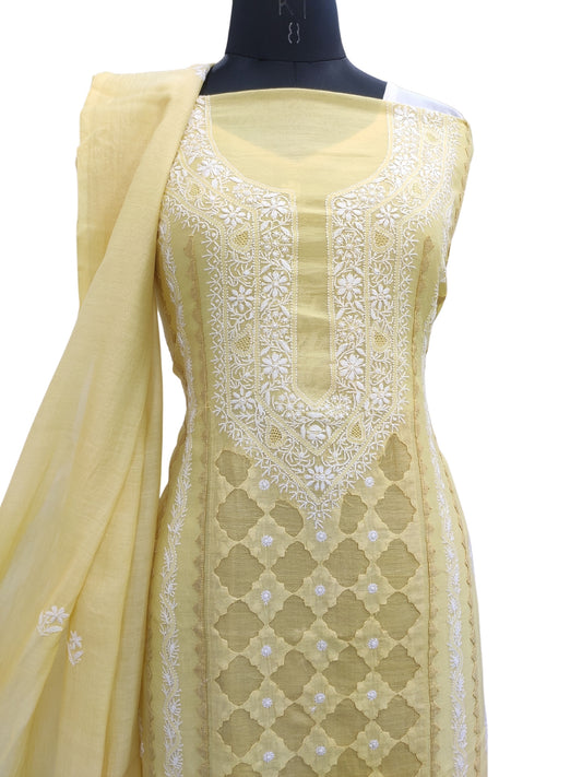 Shyamal Chikan Hand Embroidered Yellow Mul Chanderi Lucknowi Chikankari Unstitched Suit Piece With Daraz Work (Kurta Dupatta Set) - S23980