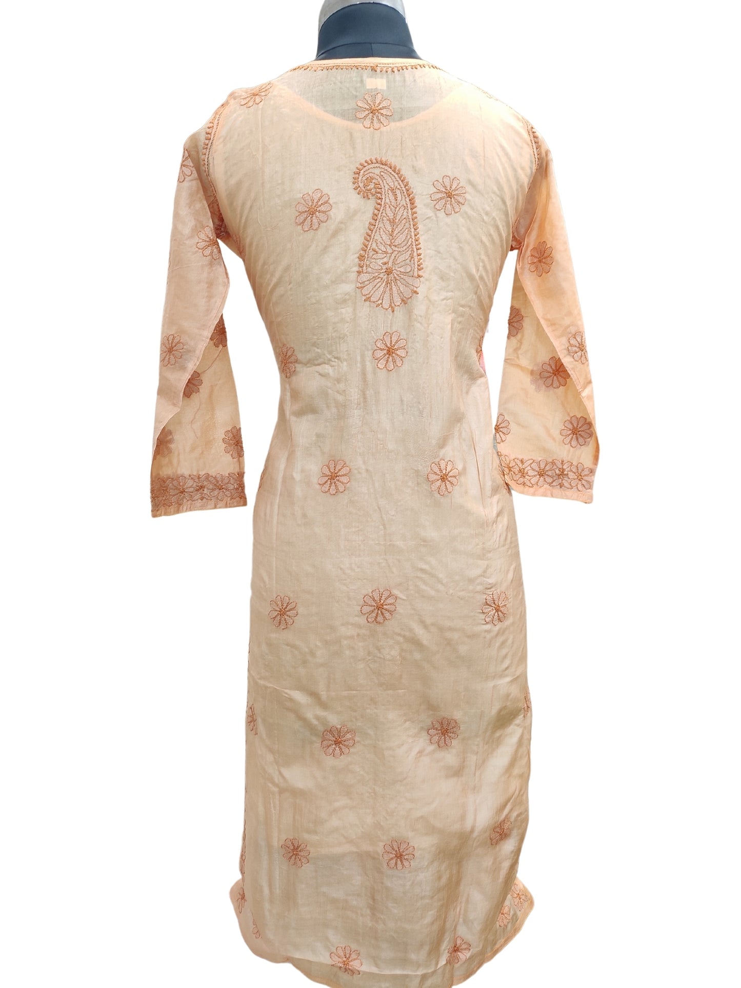 Shyamal Chikan Hand Embroidered Orange Pure Tusser Silk Lucknowi Chikankari Kurti- S24399