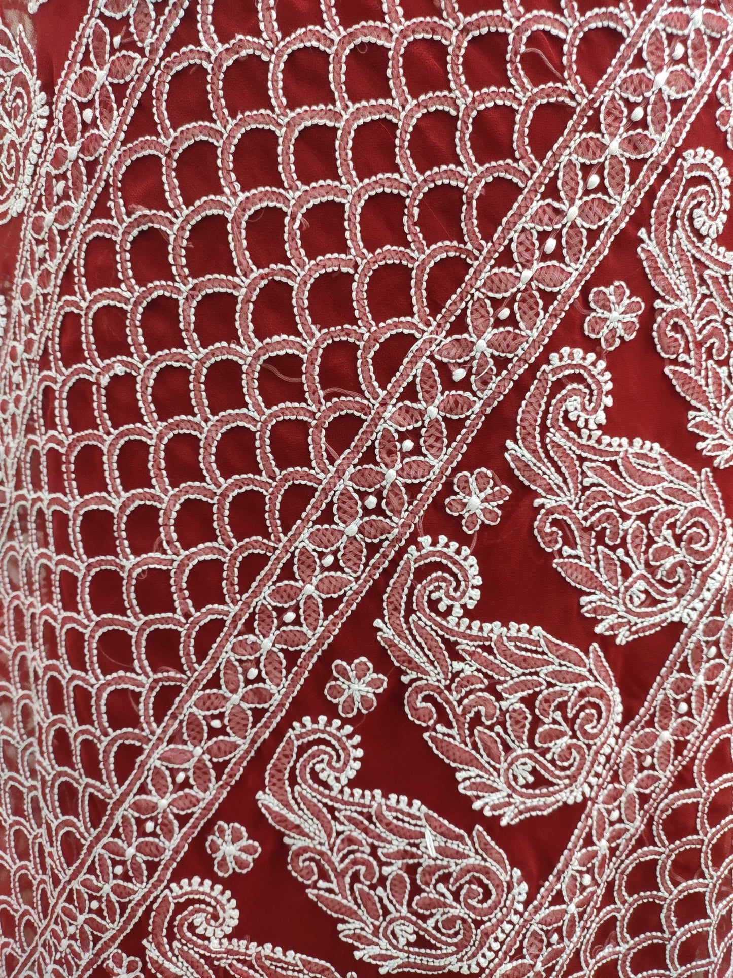 Shyamal Chikan Hand Embroidered Maroon Georgette Lucknowi Chikankari Skirt Saree With Blouse Piece - S25243