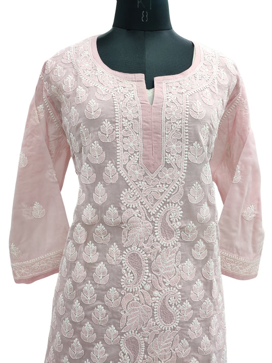 Shyamal Chikan Hand Embroidered Pink Cotton Lucknowi Chikankari Short Top With Jaali Work- S21749