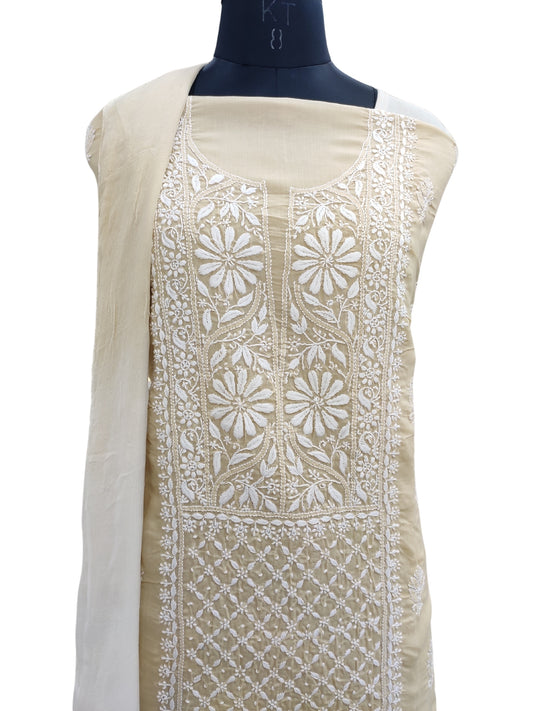 Shyamal Chikan Hand Embroidered Beige Cotton Lucknowi Chikankari Unstitched Suit Piece- S21845