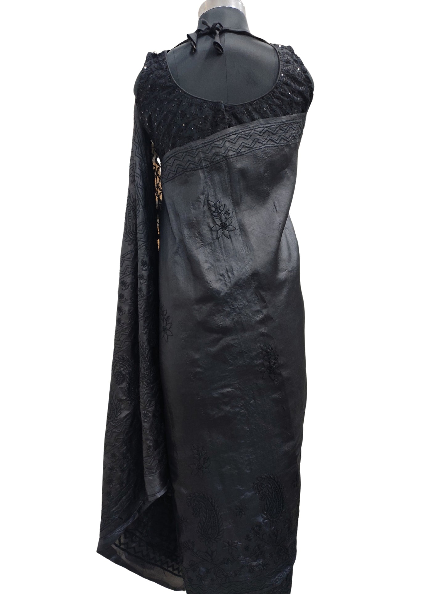Shyamal Chikan Hand Embroidered Black Pure Tusser Silk Lucknowi Chikankari Saree With Blouse Piece- S20724
