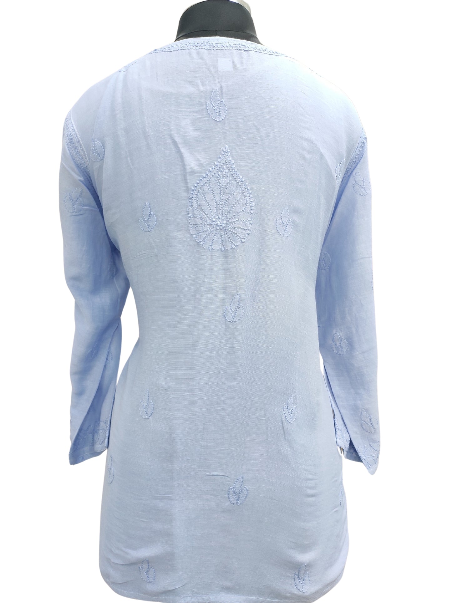 Shyamal Chikan Hand Embroidered Blue Lenin Lucknowi Chikankari Short Top - S25466