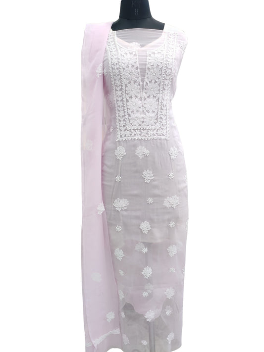 Shyamal Chikan Hand Embroidered Pink Georgette Lucknowi Chikankari Unstitched Suit Piece - 24023