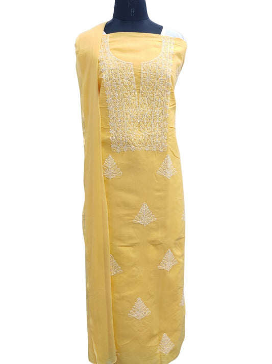 Shyamal Chikan Hand Embroidered Yellow Cotton Lucknowi Chikankari Unstitched Suit Piece - S24758