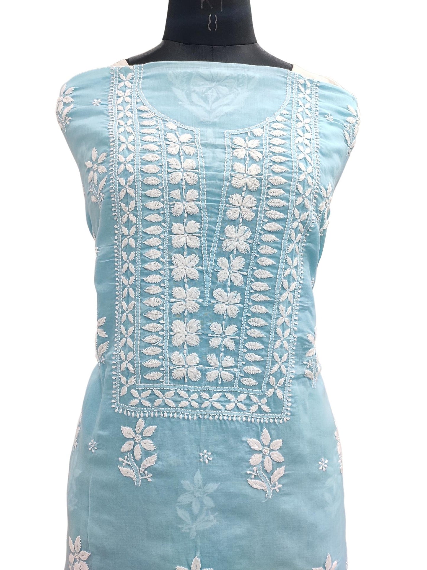 Shyamal Chikan Hand Embroidered Blue Cotton Lucknowi Chikankari Unstitched Kurta Piece - S20472