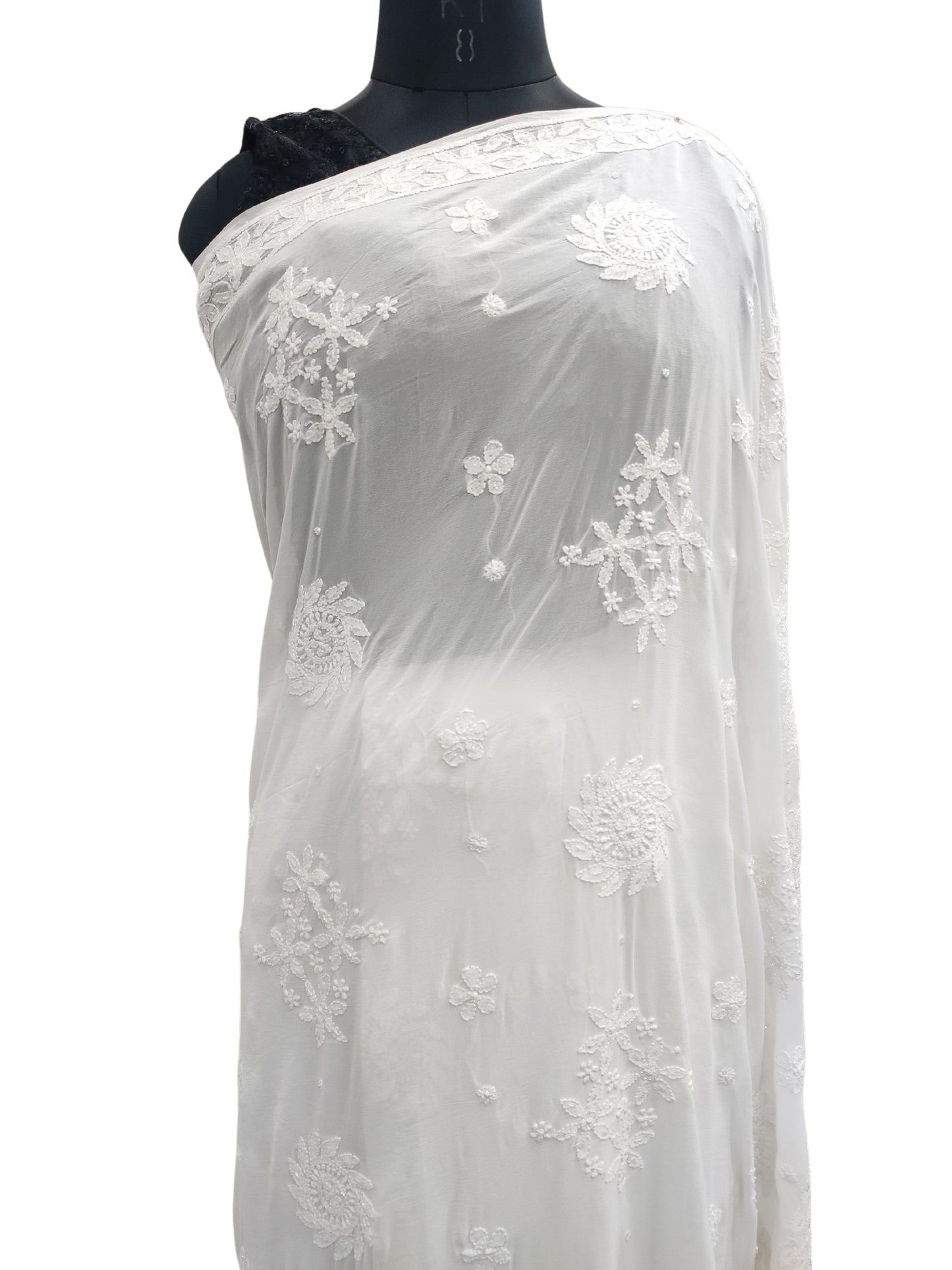 Shyamal Chikan Hand Embroidered White HQ Viscose Georgette Lucknowi Chikankari Saree With Blouse Piece With Pearl Cutdana and Sequin Work- S25216