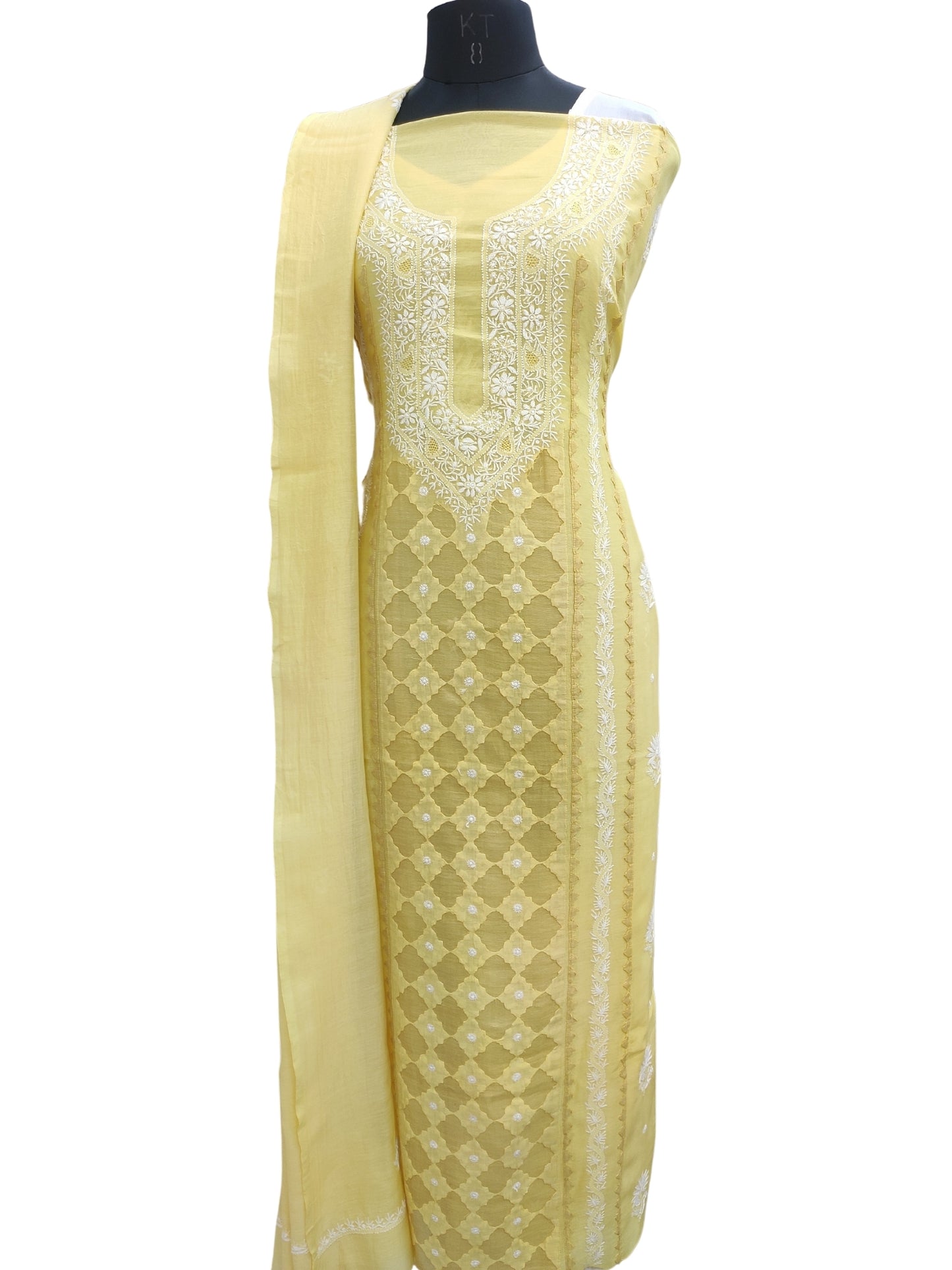 Shyamal Chikan Hand Embroidered Yellow Mul Chanderi Lucknowi Chikankari Unstitched Suit Piece With Daraz Work (Kurta Dupatta Set) - S23980