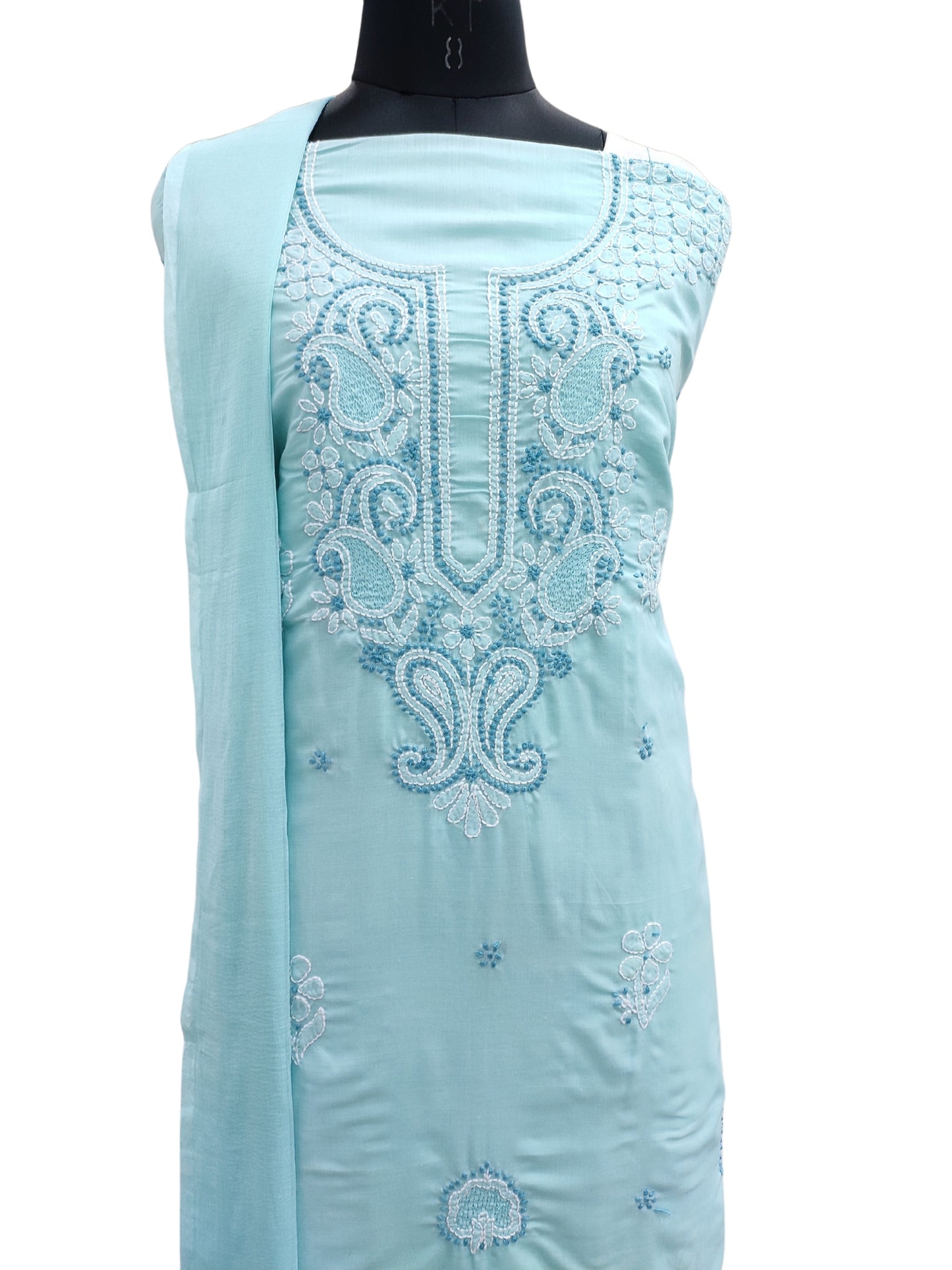 Shyamal Chikan Hand Embroidered Blue Cotton Lucknowi Chikankari Unstitched Suit Piece With Jaali Work - S25425