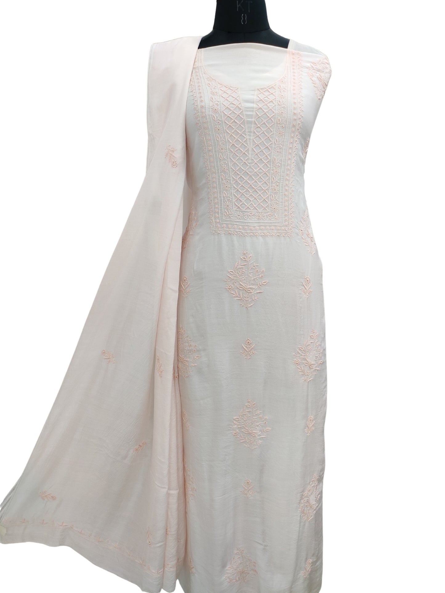 Shyamal Chikan Hand Embroidered Peach Muslin Lucknowi Chikankari Unstitched Suit Piece ( Set of 2 ) - S20062
