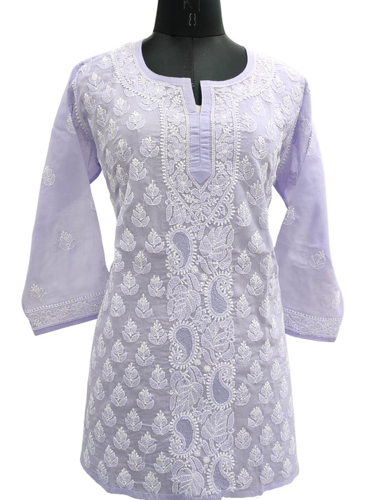 Shyamal Chikan Hand Embroidered Lavender Cotton Lucknowi Chikankari Short Top With Jaali Work- S21766