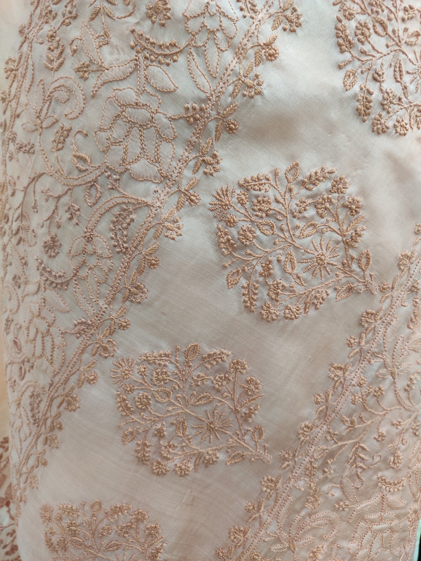 Shyamal Chikan Hand Embroidered Peach Tusser Silk Lucknowi Chikankari Saree With Blouse Piece- S22555