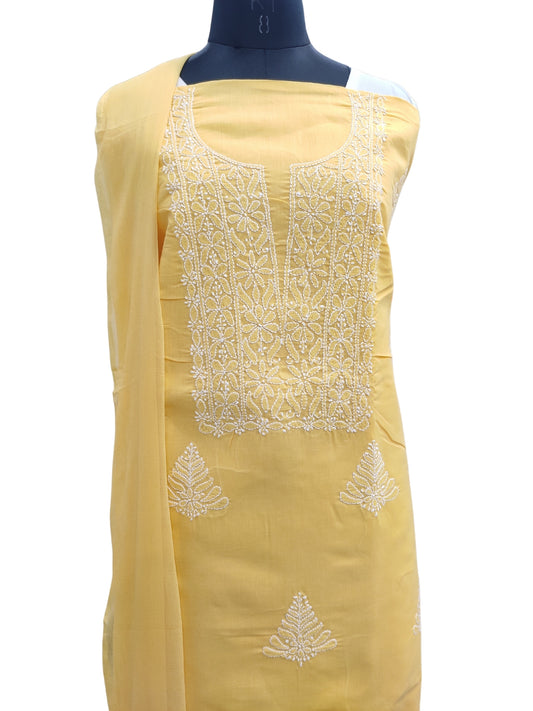 Shyamal Chikan Hand Embroidered Yellow Cotton Lucknowi Chikankari Unstitched Suit Piece - S24758