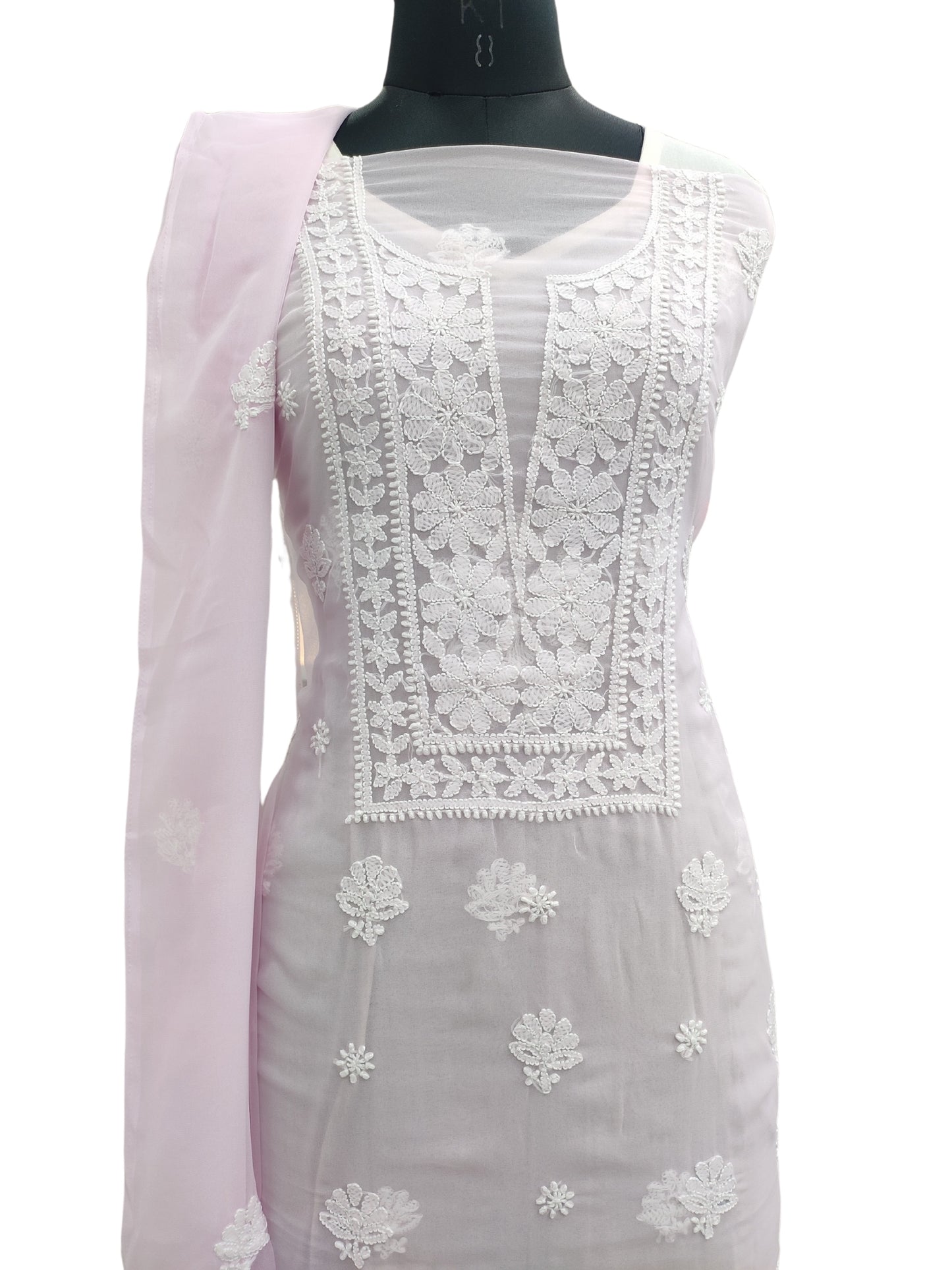 Shyamal Chikan Hand Embroidered Pink Georgette Lucknowi Chikankari Unstitched Suit Piece - 24023