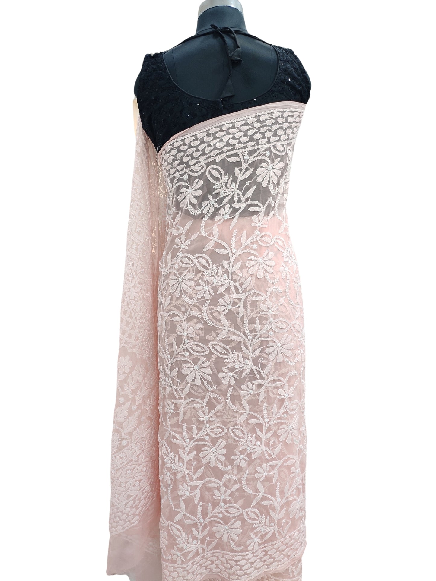 Shyamal Chikan Hand Embroidered Peach Georgette Lucknowi Chikankari Full Jaal Saree With Blouse Piece - 23994