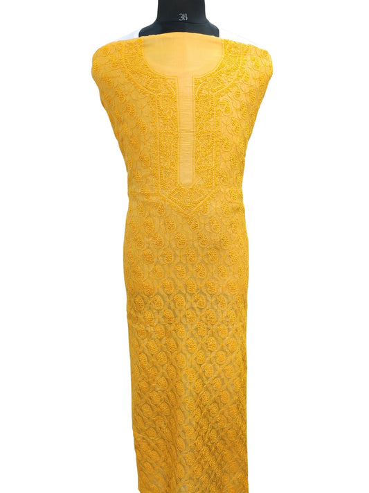 Shyamal Chikan Hand Embroidered Yellow Pure Tusser Silk Lucknowi Chikankari Unstitched Men's Kurta Piece – S22461
