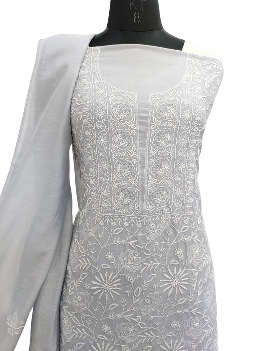 Shyamal Chikan Hand Embroidered Grey Cotton Silk  Lucknowi Chikankari Unstitched Suit Piece ( Kurta Dupatta Set ) - S21957