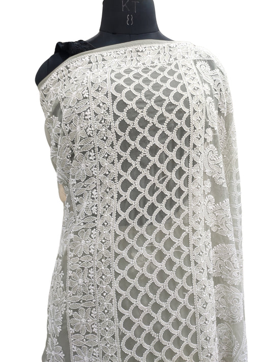 Shyamal Chikan Hand Embroidered Grey Georgette Lucknowi Chikankari Skirt Saree With Blouse Piece - S25240