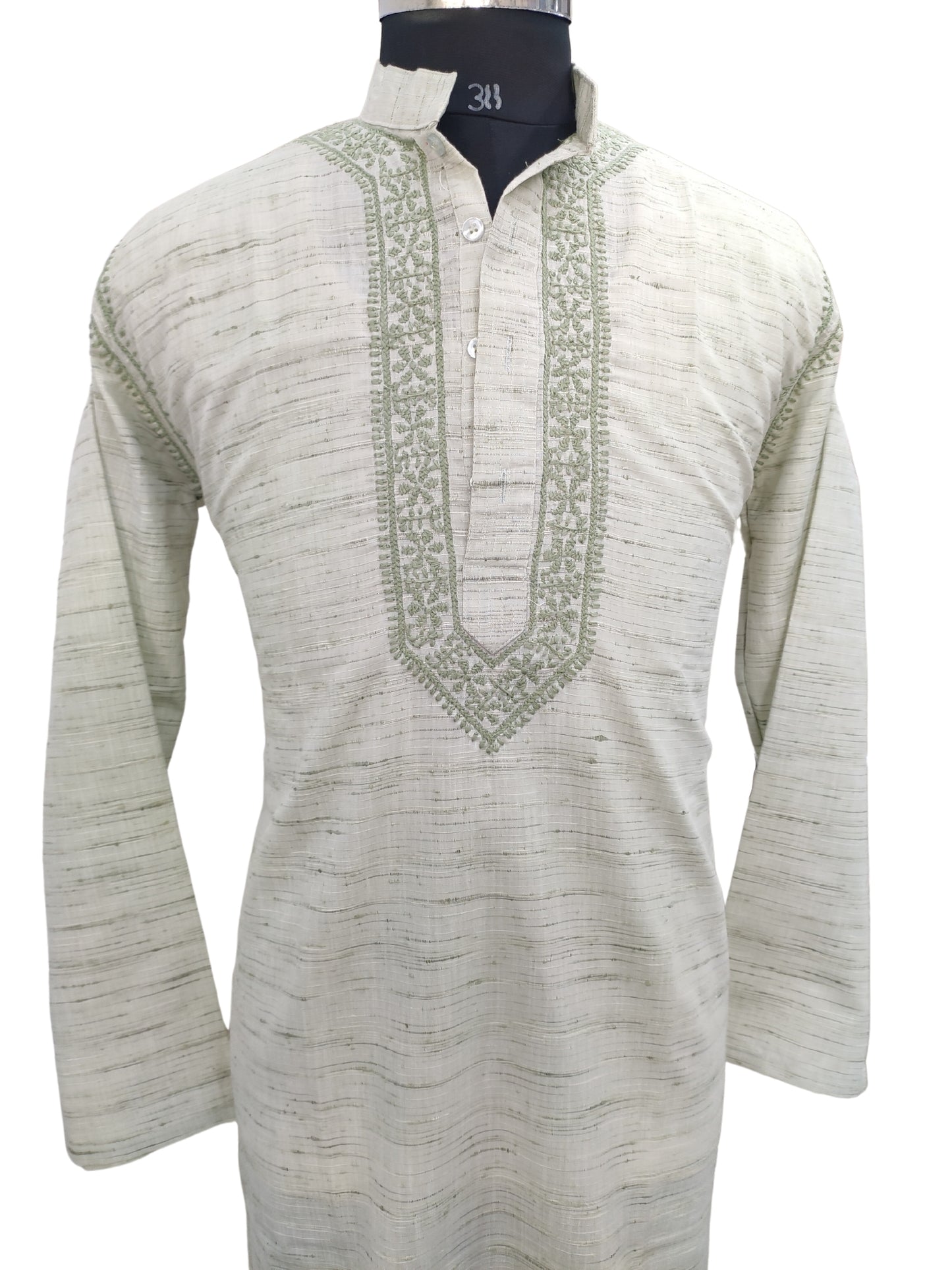 Shyamal Chikan Hand Embroidered Green Cotton Lucknowi Chikankari Men's Kurta– S20531