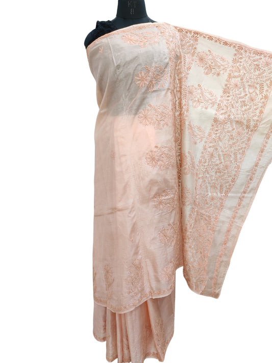 Shyamal Chikan Hand Embroidered Peach Tusser Silk Lucknowi Chikankari Saree With Blouse Piece- S22475