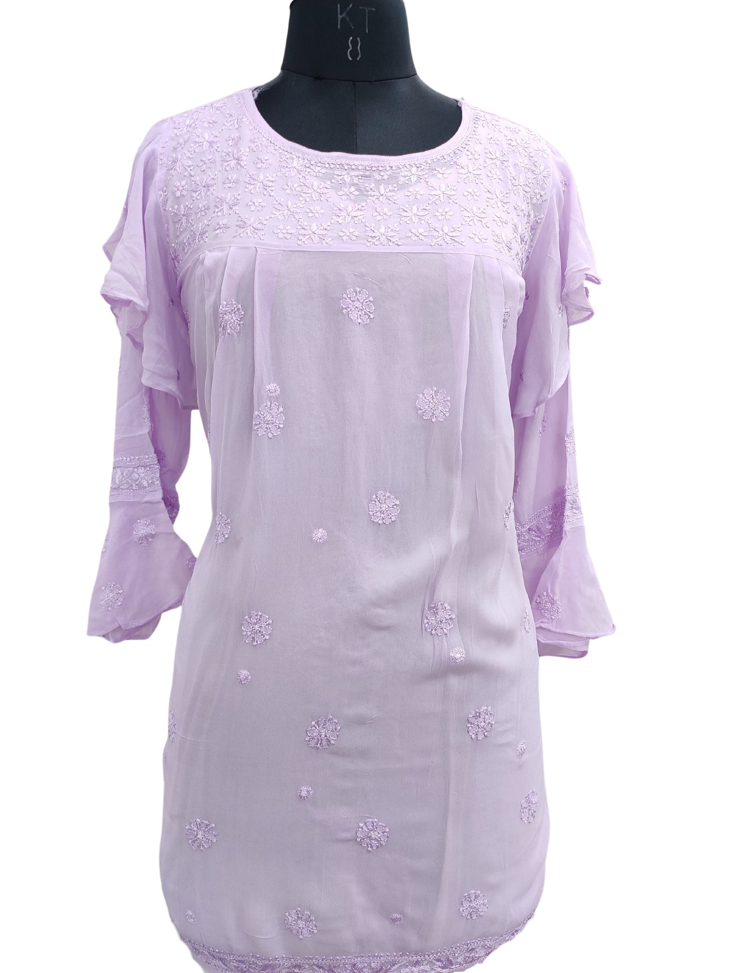 Shyamal Chikan Hand Embroidered Lavender Viscose Georgette Lucknowi Chikankari Short Top S23269