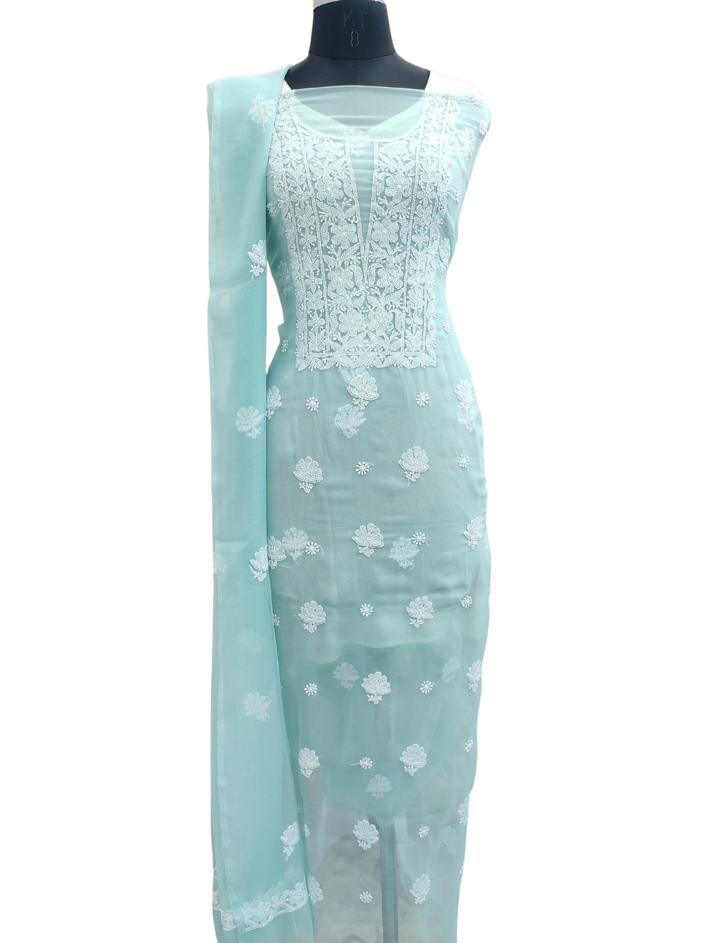 Shyamal Chikan Hand Embroidered Sea Green Georgette Lucknowi Chikankari Unstitched Suit Piece - 24024