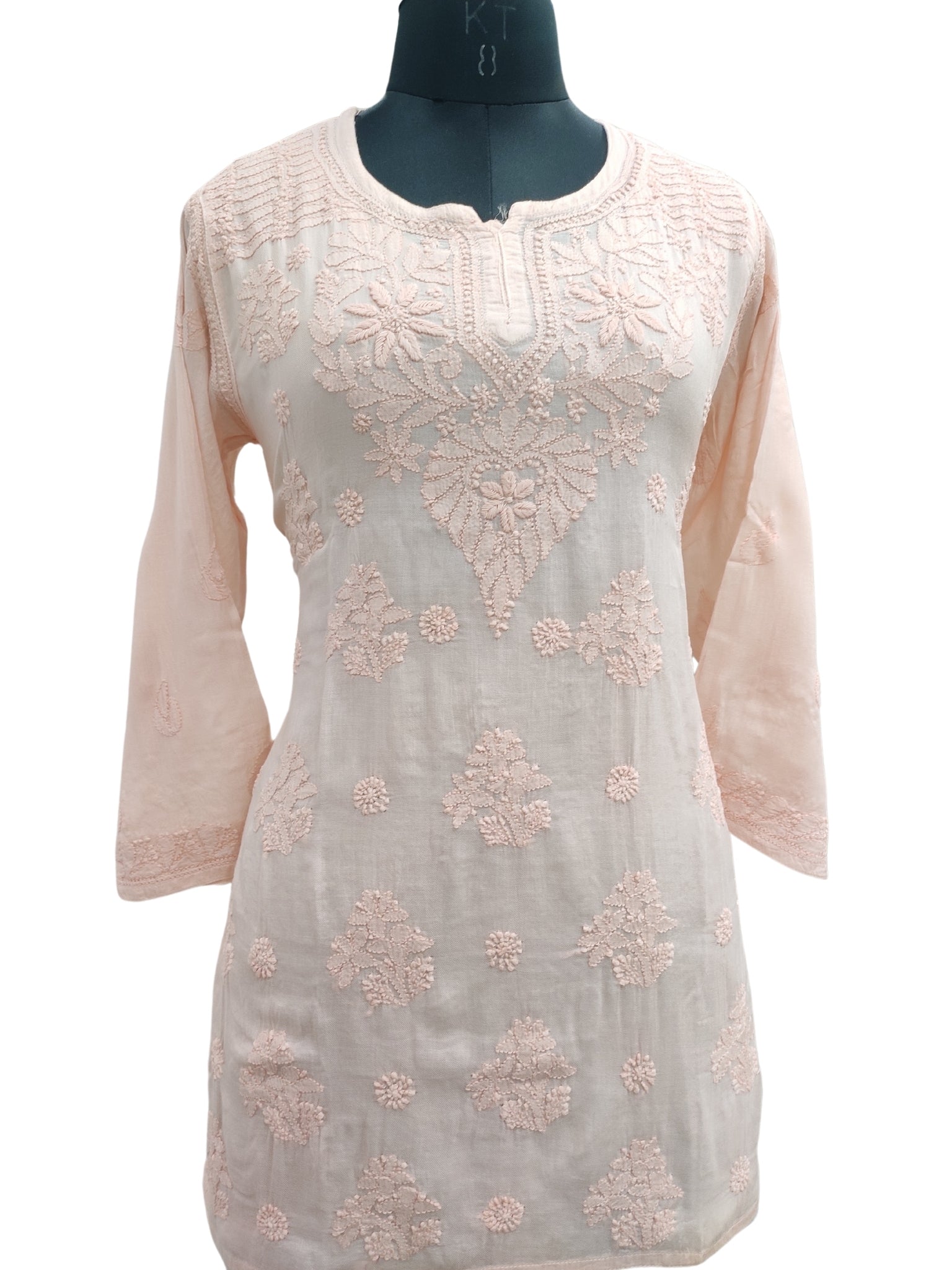 Shyamal Chikan Hand Embroidered Peach Pure Cotton Lucknowi Chikankari Short Top- S22660