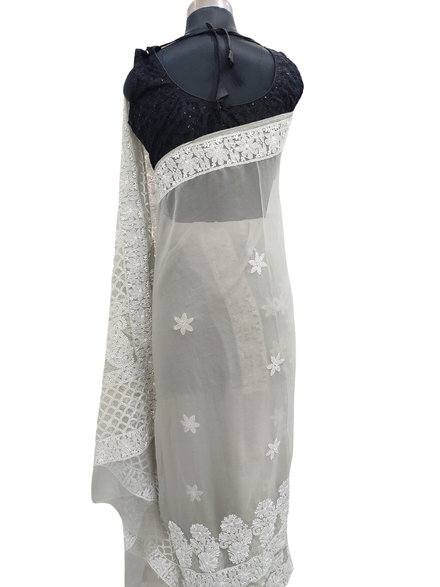 Shyamal Chikan Hand Embroidered Grey Georgette Lucknowi Chikankari Skirt Saree With Blouse Piece - S25240