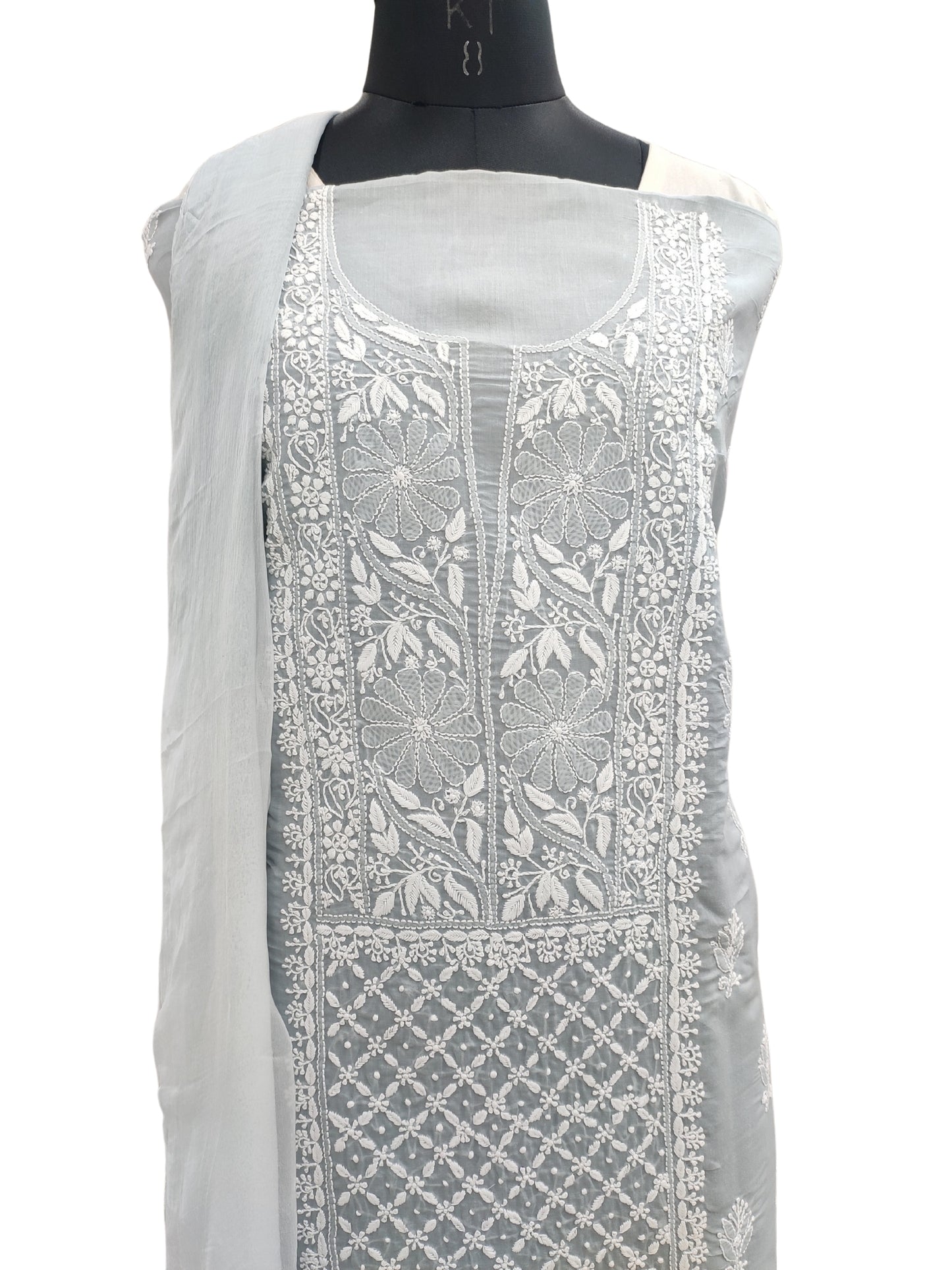 Shyamal Chikan Hand Embroidered Grey Cotton Lucknowi Chikankari Unstitched Suit Piece- S21843